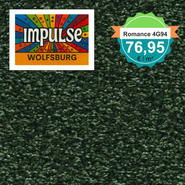 Teppichmuster mit Label „Impulse WOLFSBURG“ und Badge „Romance 4G94 – 76,95 €/m²“